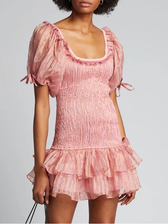 LoveShackFancy Dresses & Skirts - LoveShackFancy Violet Pink Silk Coquette Smocked Bow Puff Sleeve Mini Dress S